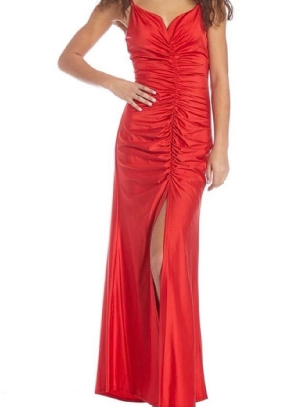 NEW Midnight Doll V-Neck Ruched Satin Front Slit Long Dress Size 3 Res Prom NWT